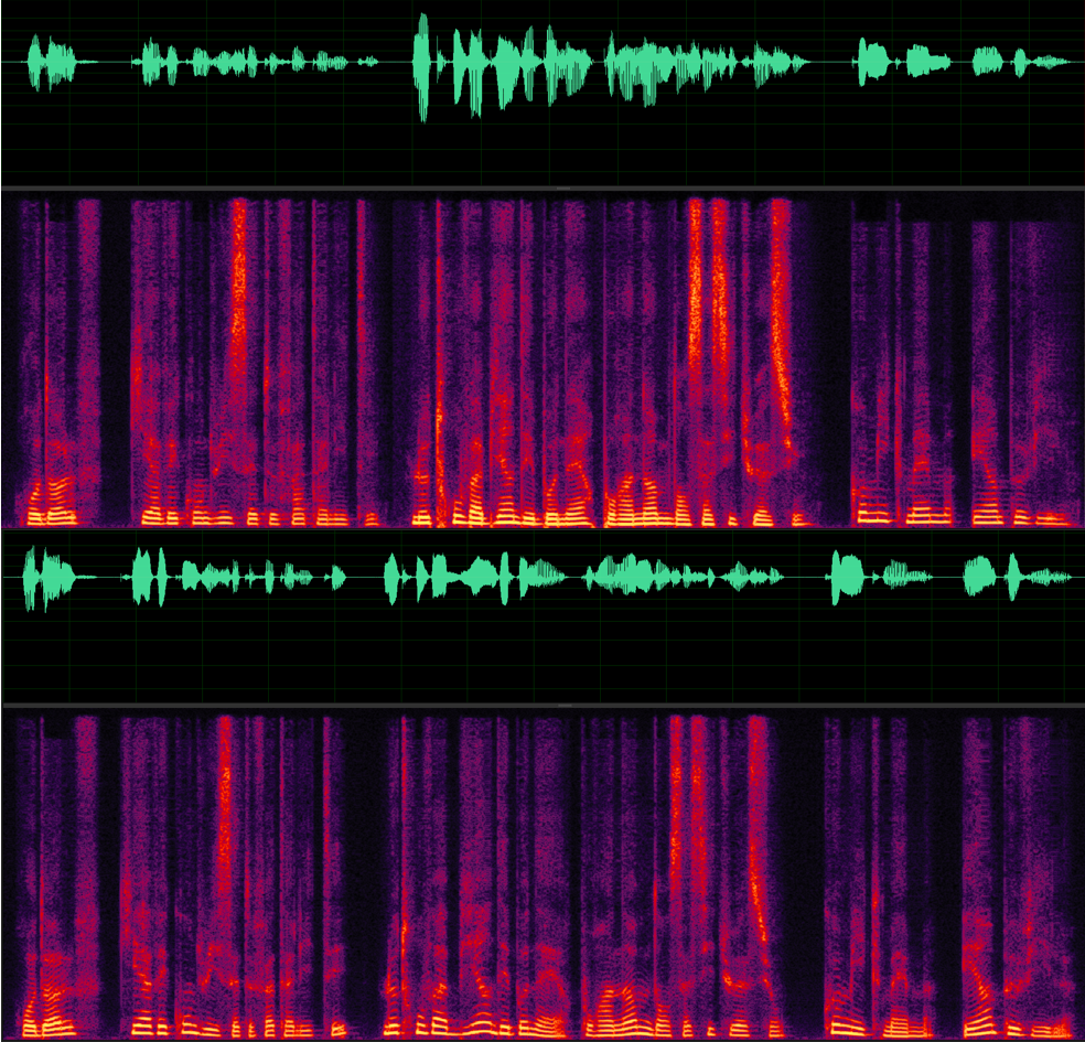 Speech of three continuous sentences generated by VITS-U-S (top) and VITS-U (bottom)